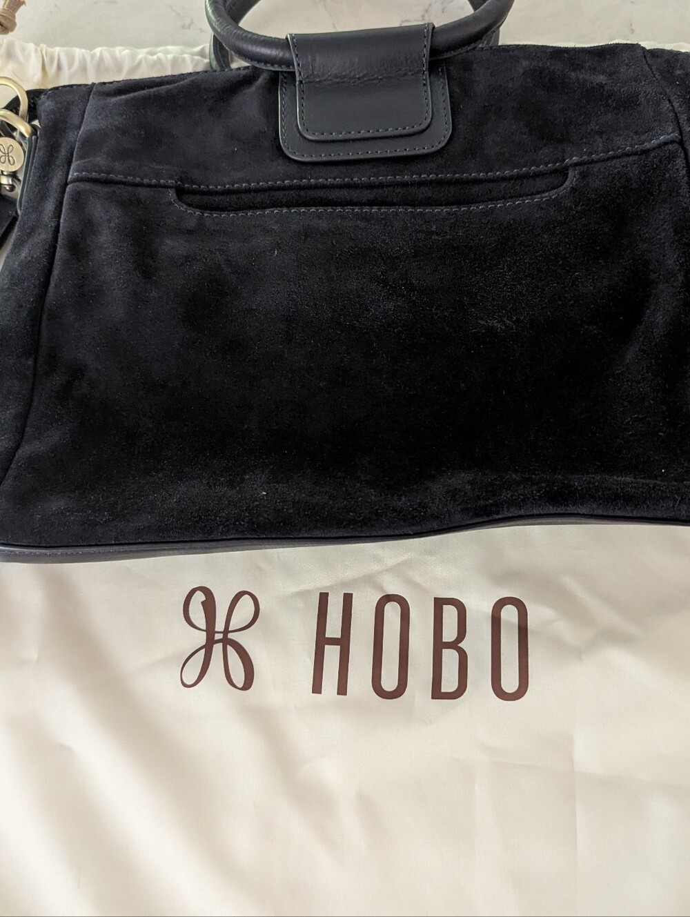 HOBO Navy Suede Shelia Medium Hobo with Brass Hardware And Wide Strap.